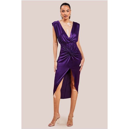 Goddiva Satin Wrap Knotted Midi Dress - Purple