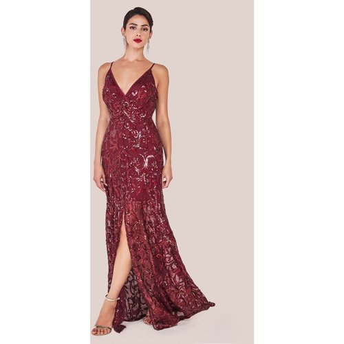 Goddiva Iridescent Sequin Maxi With Front Split - Burgundy