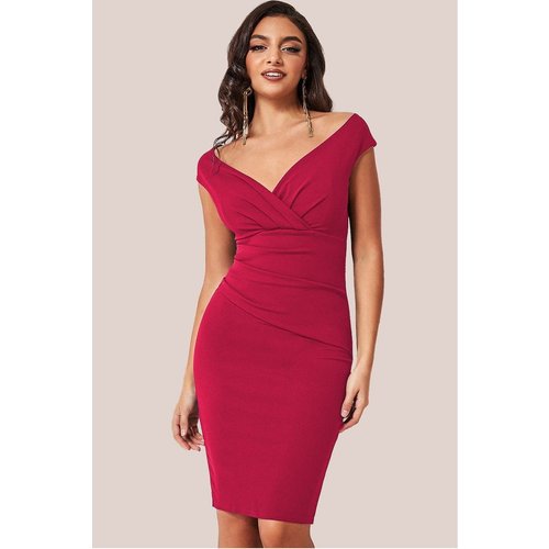 Goddiva Bardot Pleated Midi Dress - Wine