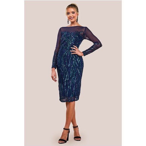 Goddiva Long Sleeve Sequin Flame Midi Dress - Navy