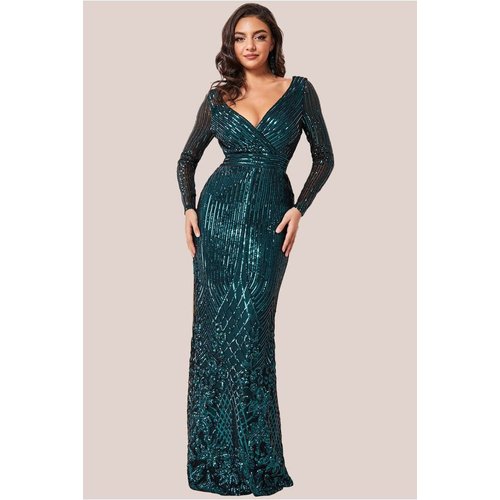 Goddiva Long Sleeve Sequin V Wrap Maxi Dress - Emerald Green
