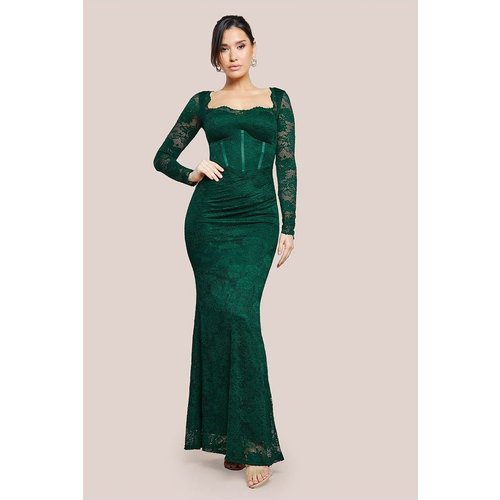 Goddiva Scalloped Lace Corset Bodice Maxi Dress - Emerald Green