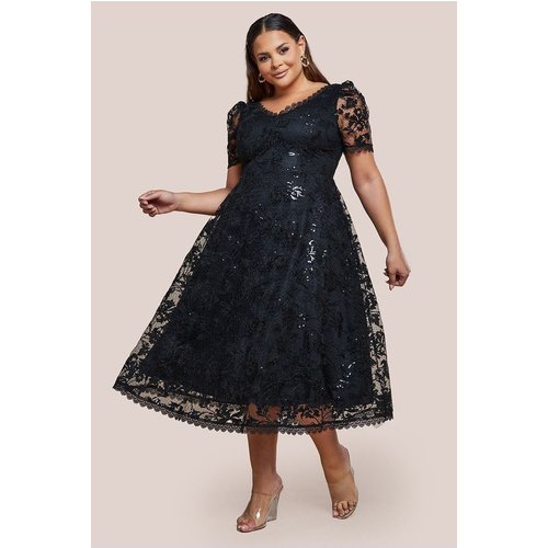 Goddiva Plus Sequin Lace Short Sleeve A-Line Midi Dress - Black