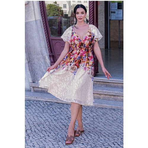 Goddiva Floral Flutter Sleeve Wrap Midi Dress - Ivory