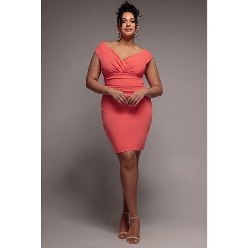 Goddiva Plus Bardot Pleated Midi Dress - Coral