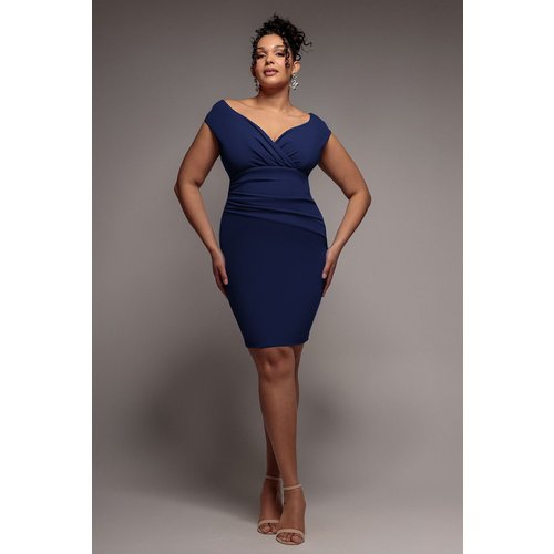 Goddiva Plus Bardot Pleated Midi Dress - Navy Blue