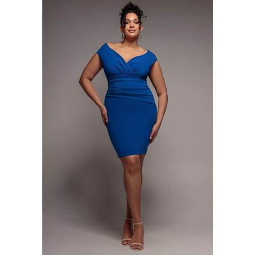 Goddiva Plus Bardot Pleated Midi Dress- Royal Blue