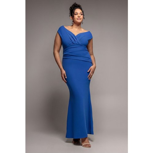 Goddiva Plus Bardot Pleated Maxi Dress - Royal Blue