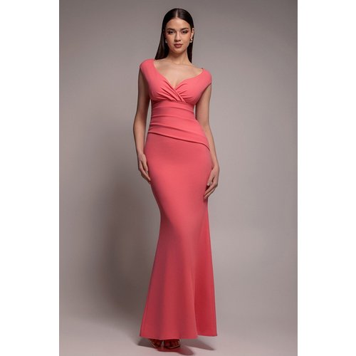 Goddiva Bardot Pleated Maxi Dress - Coral