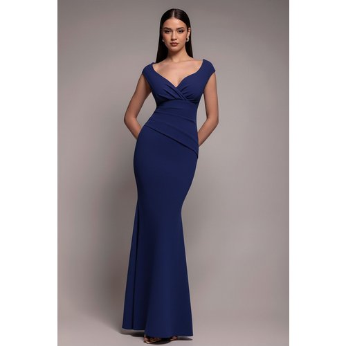 Goddiva Bardot Pleated Maxi Dress - Navy Blue