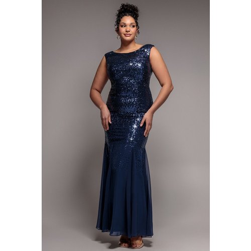 Goddiva Plus Chiffon & Sequin Embroidered Bardot Maxi Dress - Navy Blue