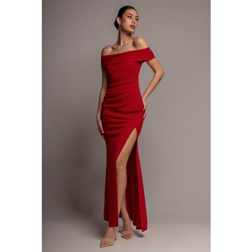 Goddiva Off The Shoulder Maxi Dress With Split - Red