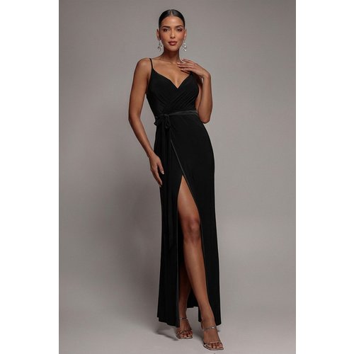 City Goddess Wrap Front Maxi Slip Dress With Waist Tie-Up - Black