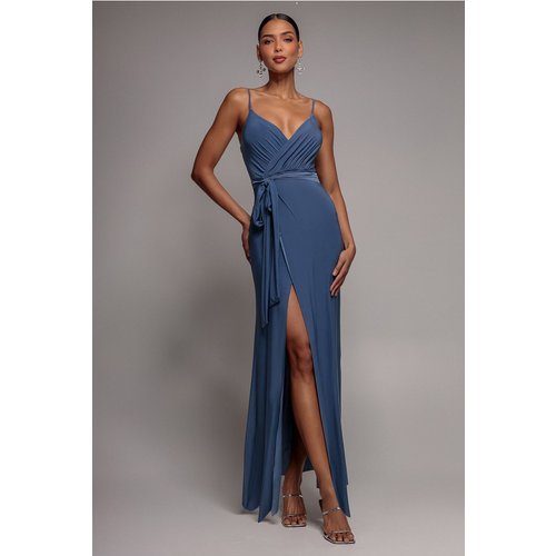 City Goddess Wrap Front Maxi Slip Dress With Waist Tie-Up - Cloudy Blue