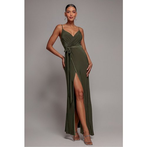 City Goddess Wrap Front Maxi Slip Dress With Waist Tie-Up - Olive Green