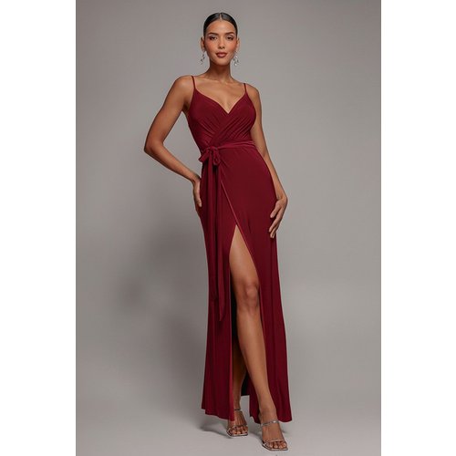 Goddiva Wrap Front Maxi Slip Dress With Waist Tie-Up - Wine