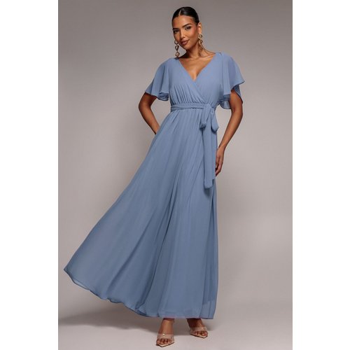 Goddiva Chiffon Flutter Sleeve Wrap Maxi Dress - Airforce Blue