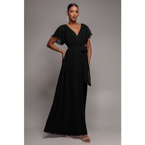 Goddiva Chiffon Flutter Sleeve Wrap Maxi Dress - Black