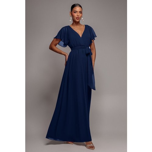 Goddiva Sustainable Chiffon Flutter Sleeve Wrap Maxi Dress - Navy