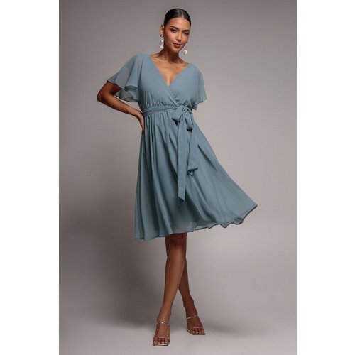 Goddiva Chiffon Flutter Sleeve Wrap Midi Dress - Airforce Blue