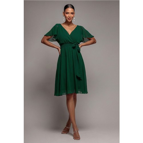 Goddiva Sustainable Flutter Sleeve Chiffon Wrap Midi Dress - Green