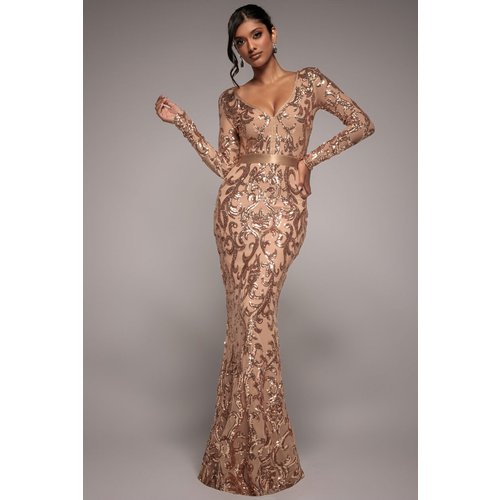 Goddiva Embroidered Sequin & Mesh Maxi Dress - Champagne