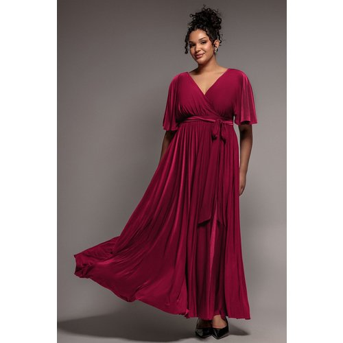 Goddiva Plus Wrap Front Maxi With Flutter Sleeves - Berry