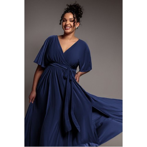 Goddiva Plus Wrap Front Maxi With Flutter Sleeves - Navy Blue