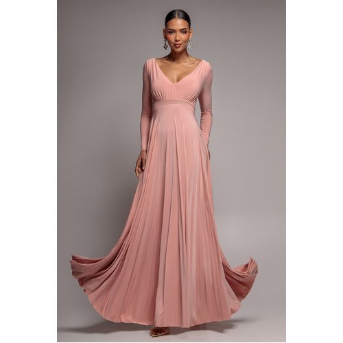 Goddiva Plunge Neck Long Sleeve A Line Maxi Dress - Blush Pink