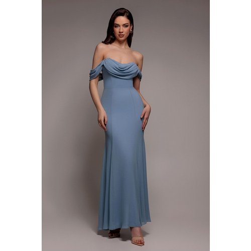 Goddiva Chiffon Bardot Cowl Neck Maxi Dress - Duskyblue