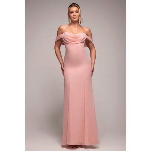 Goddiva Chiffon Bardot Cowl Neck Maxi Dress - Blush Pink