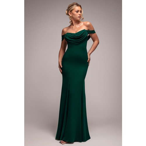 Goddiva Chiffon Bardot Cowl Neck Maxi Dress - Emerald Green