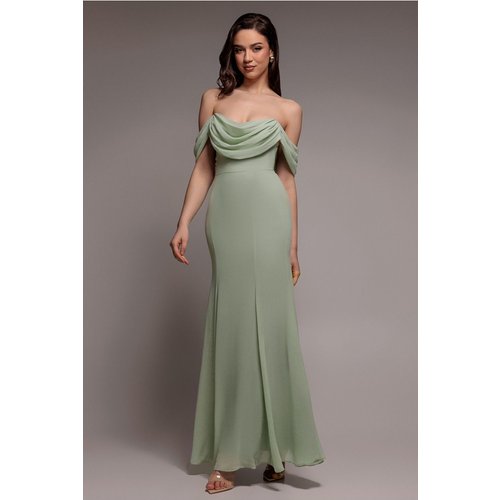 Goddiva Chiffon Bardot Cowl Neck Maxi Dress - Sage Green