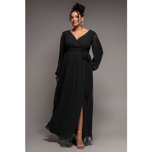 Goddiva Plus Wrap Back With Front Slit Chiffon Maxi Dress - Black