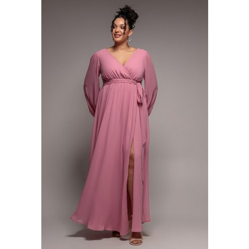 Goddiva Plus Wrap Back With Front Slit Chiffon Maxi Dress - Dusty Pink