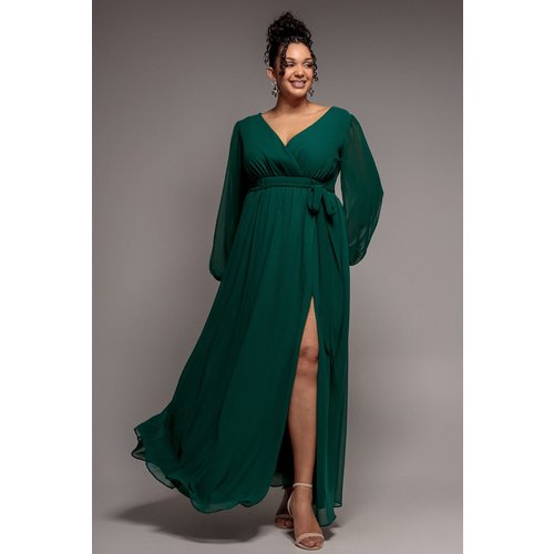 Goddiva Plus Wrap Back With Front Slit Chiffon Maxi Dress - Emerald Green