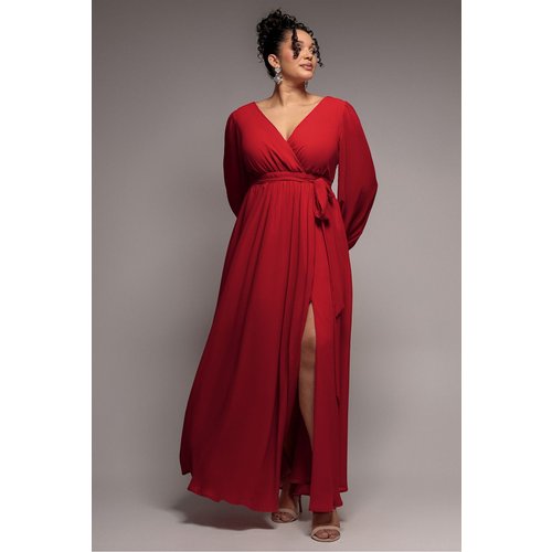 Goddiva Plus Wrap Back With Front Slit Chiffon Maxi Dress - Red