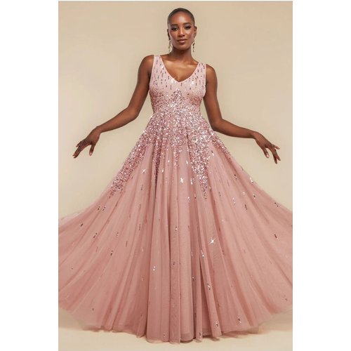 Goddiva Sunray Hand Embellished Sequin A-Line Sleeveless Maxi Dress - Blush Pink