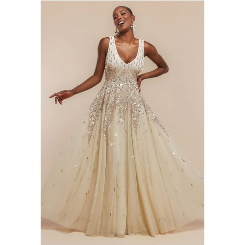 Goddiva Sunray Hand Embellished Sequin A-Line Sleeveless Maxi Dress - Ivory