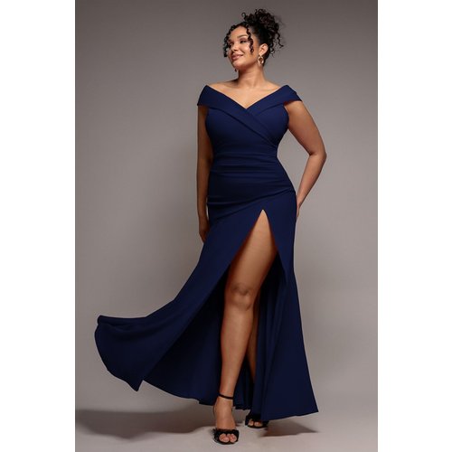 Goddiva Plus Scuba Crepe Off Shoulder Front Split Maxi Dress - Navy Blue
