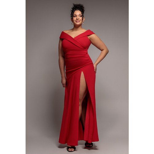 Goddiva Plus Scuba Crepe Off Shoulder Front Split Maxi Dress - Red
