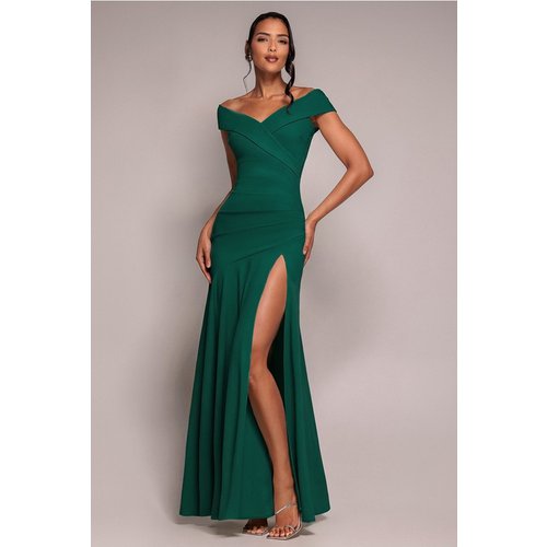 Goddiva Scuba Crepe Off Shoulder Front Split Maxi Dress - Emerald Green