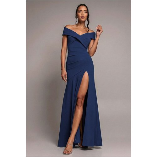 Goddiva Scuba Crepe Off Shoulder Front Split Maxi Dress - Navy Blue