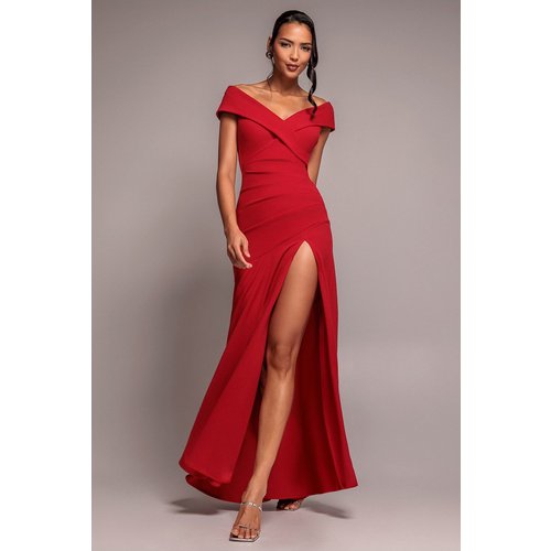 Goddiva Scuba Crepe Off Shoulder Front Split Maxi Dress - Red