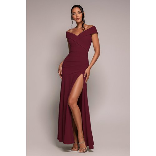 Goddiva Scuba Crepe Off Shoulder Front Split Maxi Dress - Wine