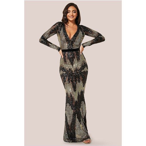 Goddiva Long Sleeve Sequin Evening Maxi Dress - Black