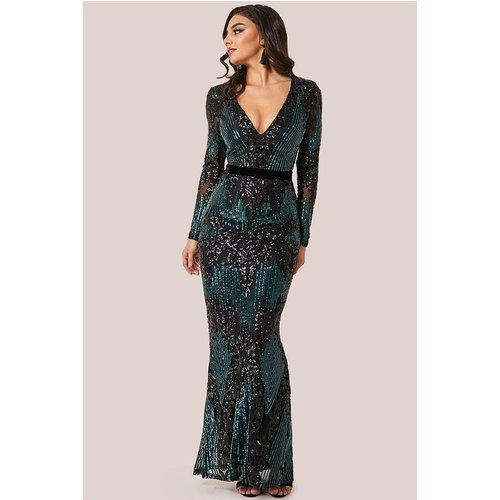 Goddiva Long Sleeve Sequin Evening Maxi Dress - Emerald