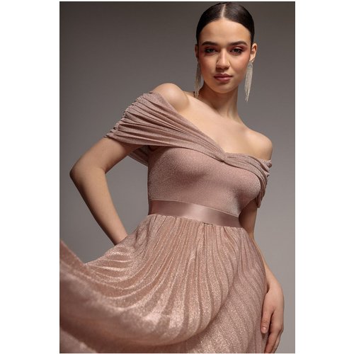 Goddiva Bardot Pleated Skirt Maxi Dress - Blush