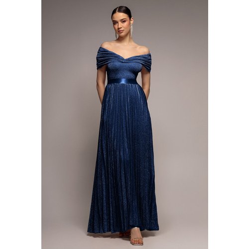 Goddiva Bardot Pleated Skirt Maxi Dress - Navy