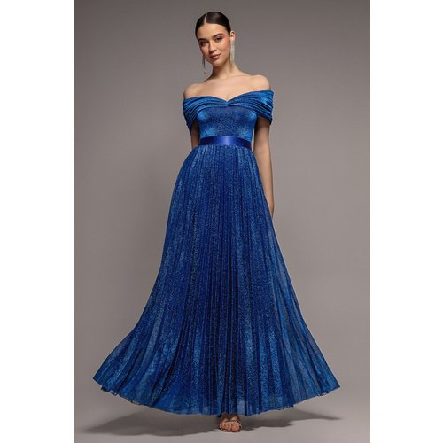 Goddiva Bardot Pleated Skirt Maxi Dress - Royalblue